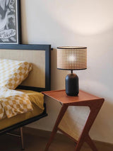 Modern Bamboo Table Lamp with Black Geometric Trim for Bedroom and Office Lighting