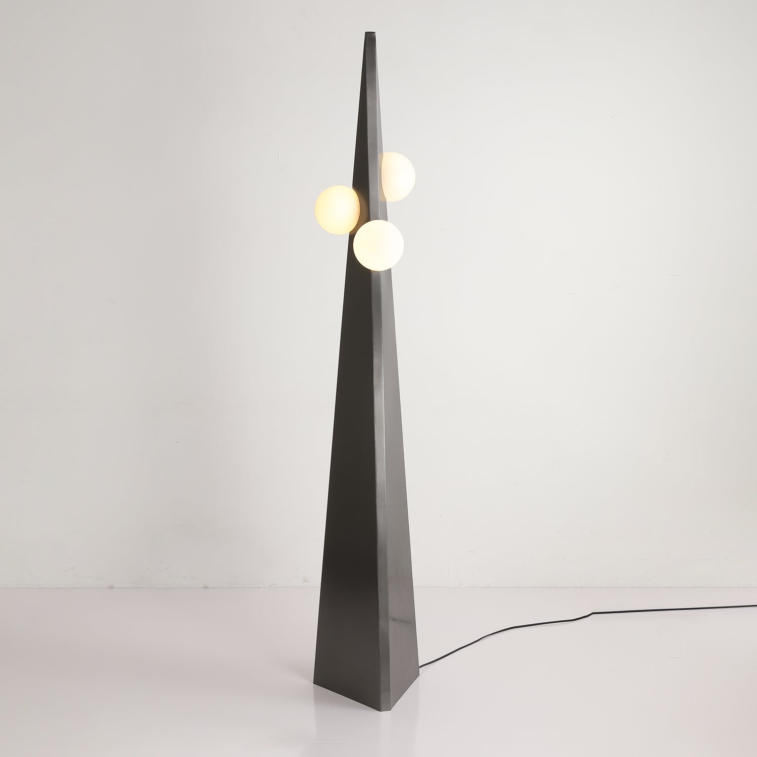 Geometric Stainless Steel Floor Lamp with Spherical Glass Shade in Black Finish