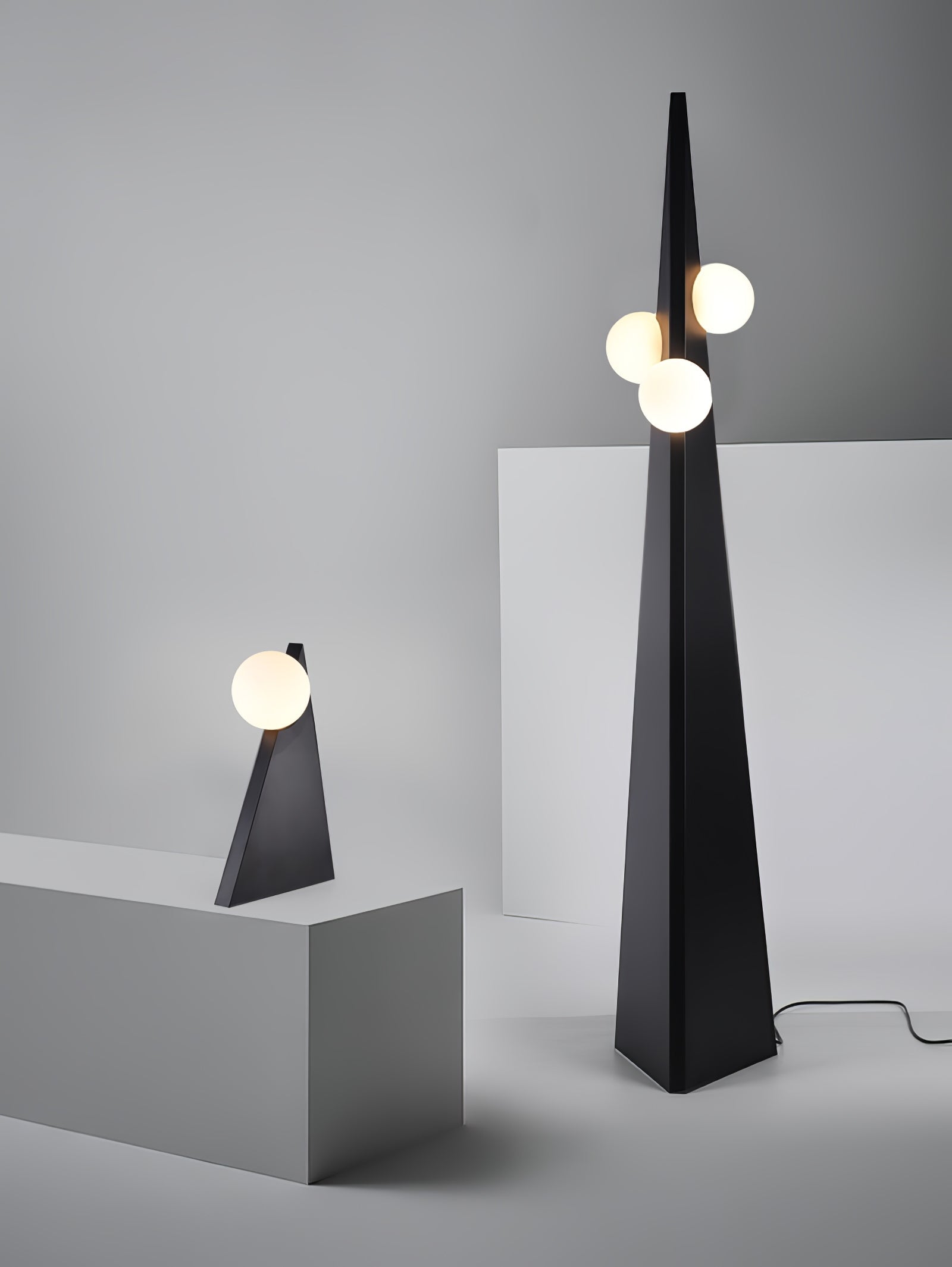 Geometric Stainless Steel Floor Lamp with Spherical Glass Shade in Black Finish