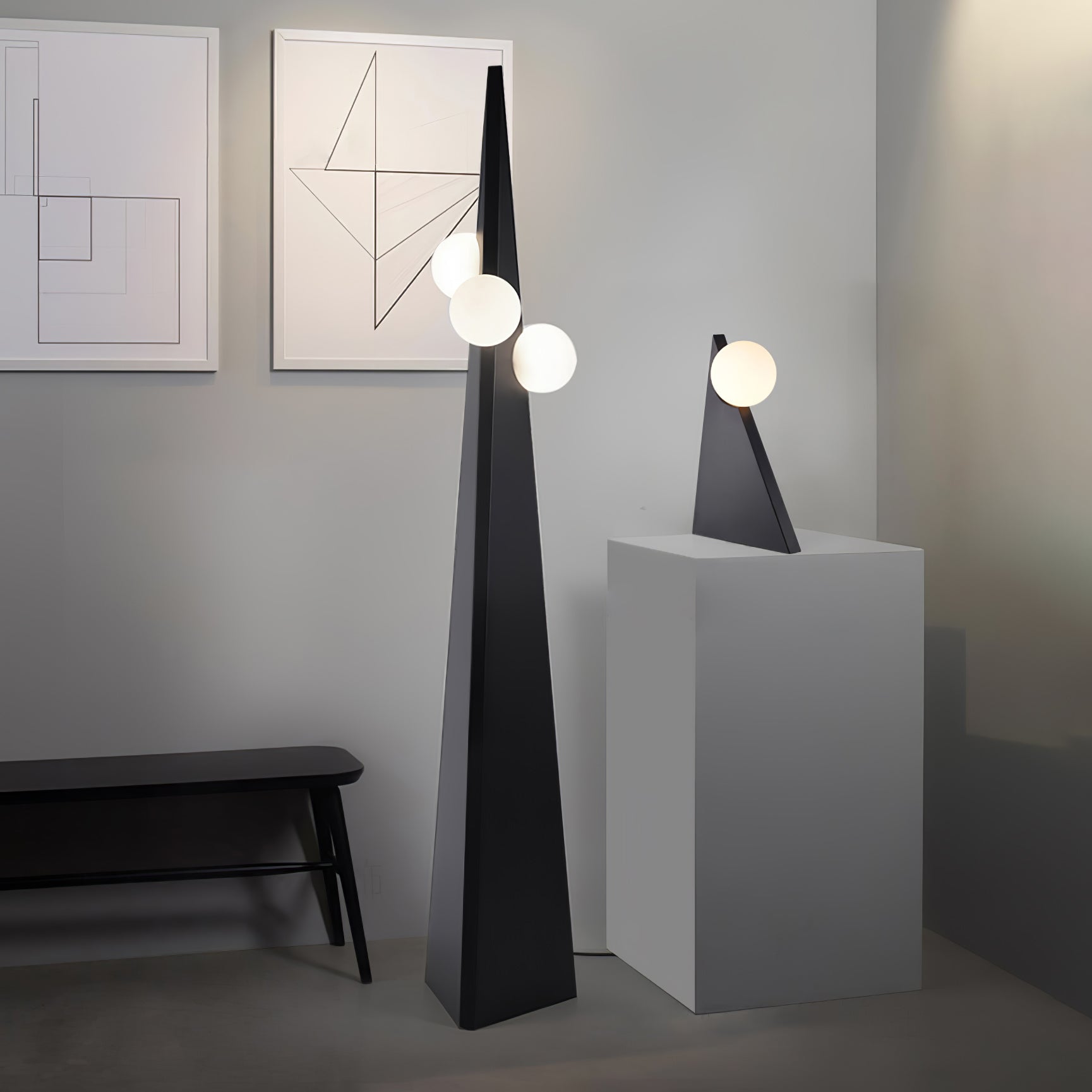 Geometric Stainless Steel Floor Lamp with Spherical Glass Shade in Black Finish