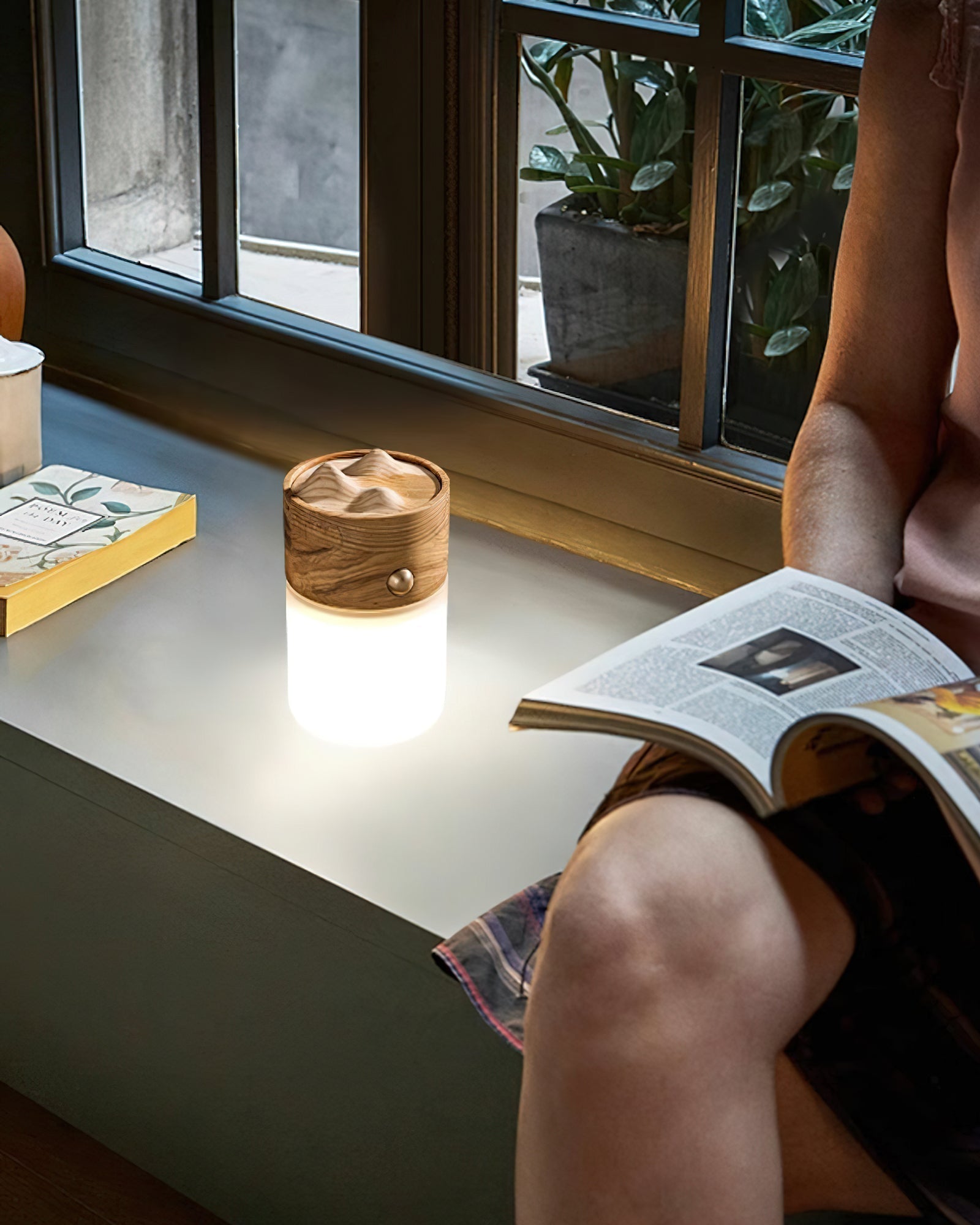 Modern Portable LED Lantern Table Lamp with Natural Wood Handle and USB Charging