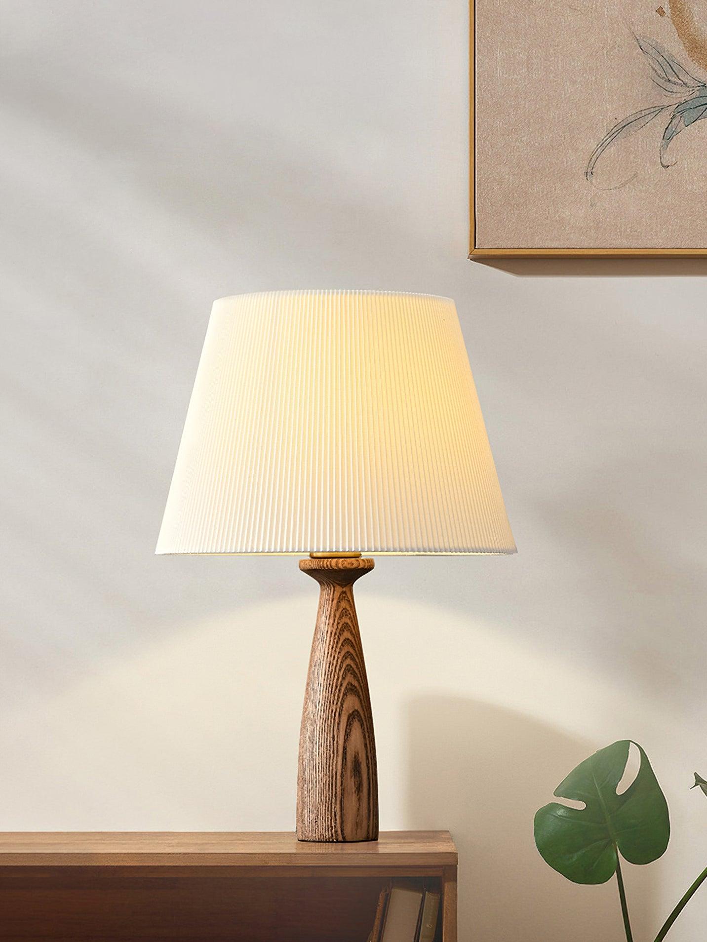 Nora Mid Century Modern Walnut Wood Table Lamp with Round White Fabric Drum Shade