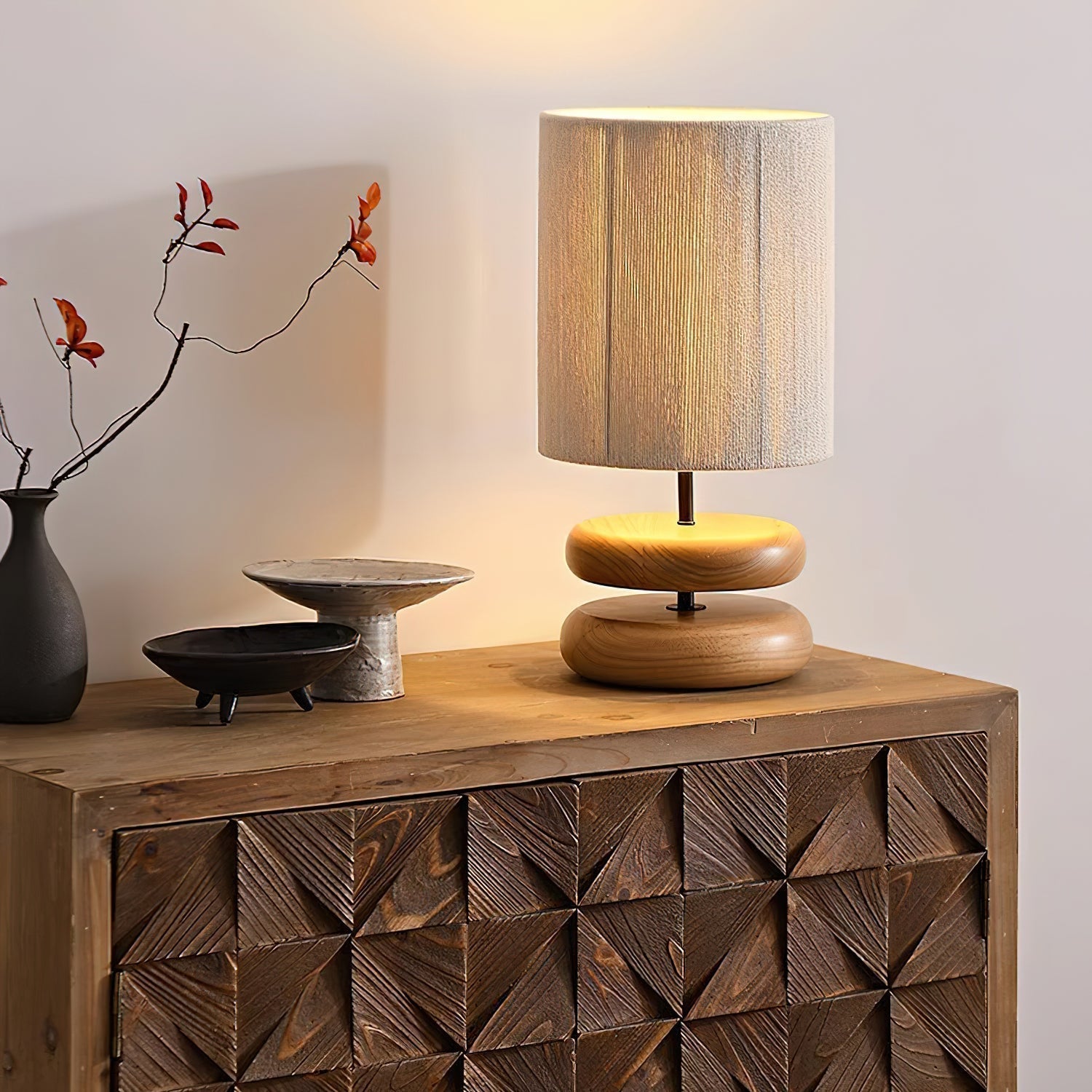 Wabi Sabi Natural Wood Table Lamp with Hand Woven Hemp Rope Shade for Bedroom Side Tables