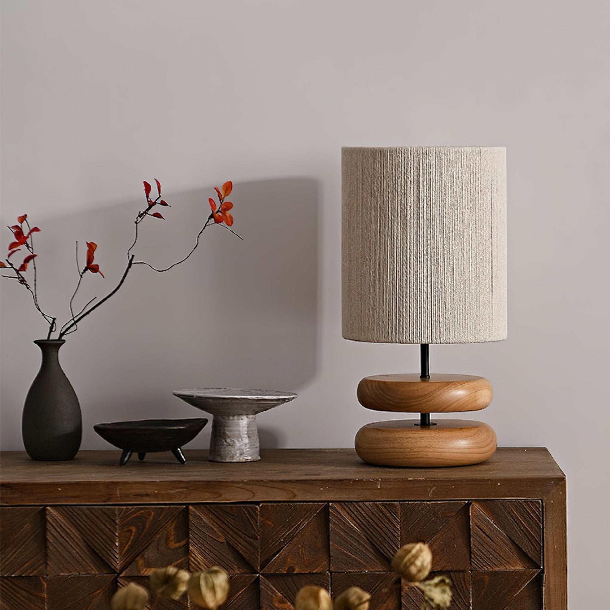 Wabi Sabi Natural Wood Table Lamp with Hand Woven Hemp Rope Shade for Bedroom Side Tables
