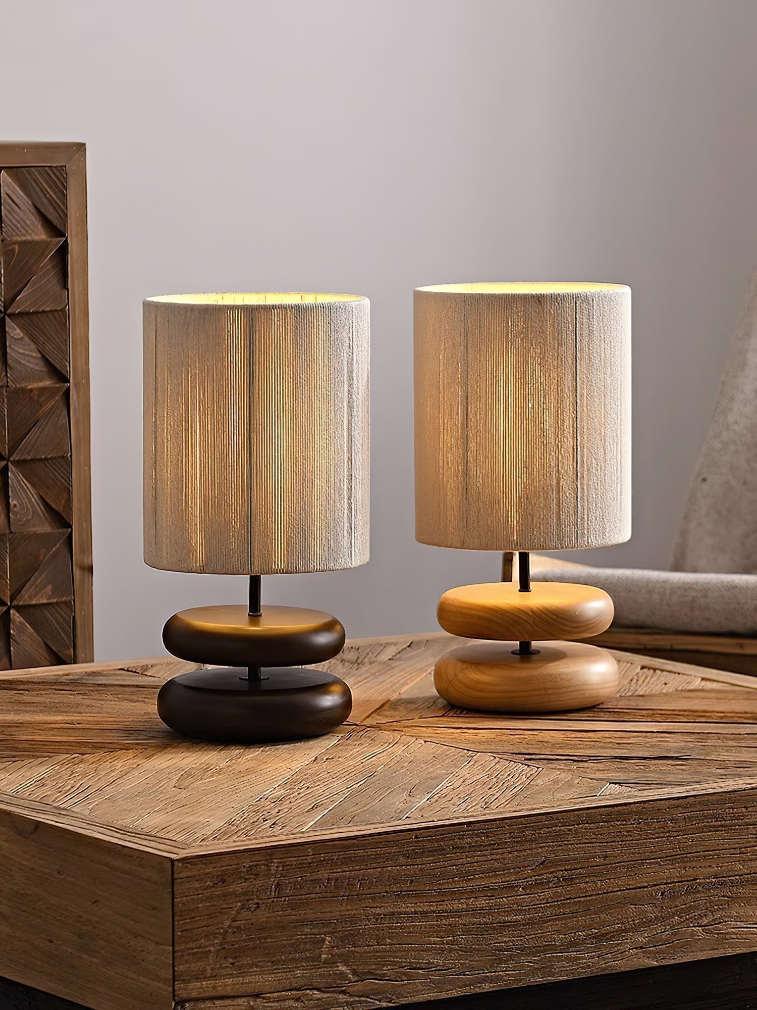 Wabi Sabi Natural Wood Table Lamp with Hand Woven Hemp Rope Shade for Bedroom Side Tables