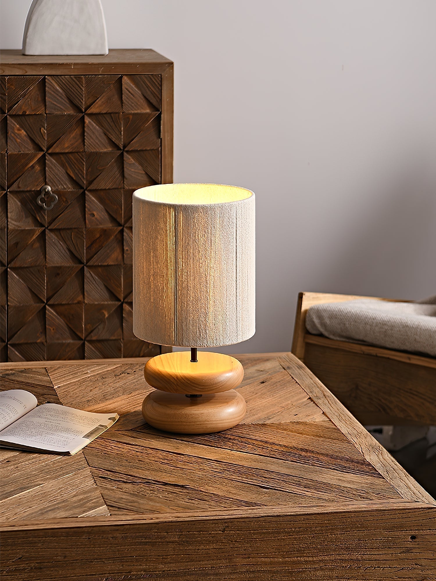 Wabi Sabi Natural Wood Table Lamp with Hand Woven Hemp Rope Shade for Bedroom Side Tables