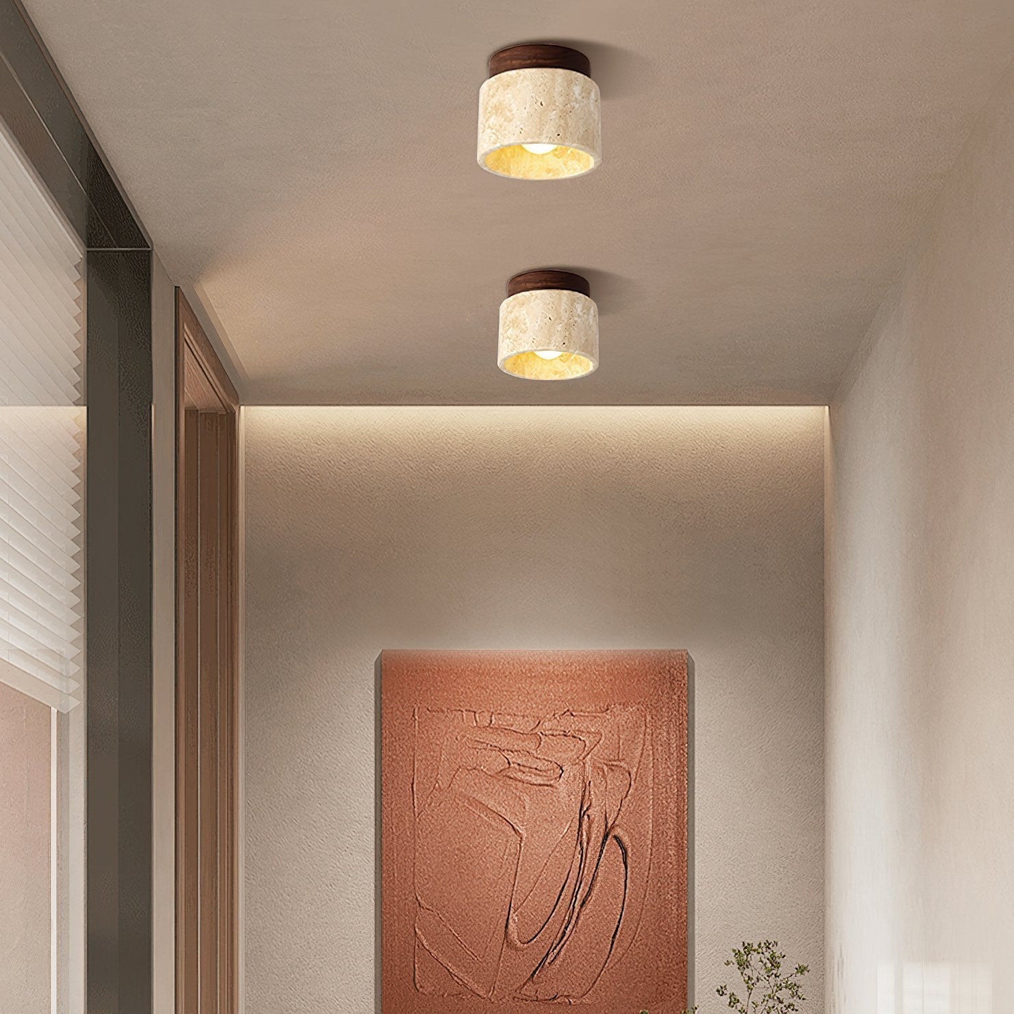 modern-yellow-travertine-and-walnut-wood-semi-flush-mount-ceiling-light-fixture