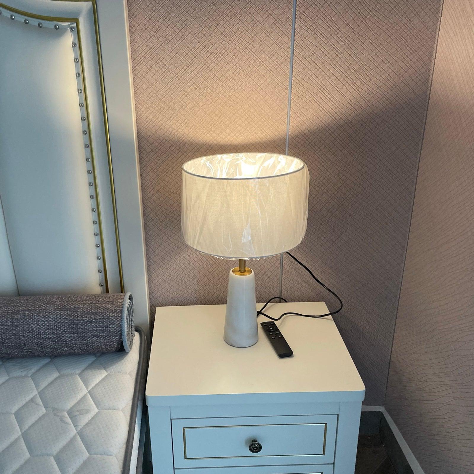 Elegant White Marble and Gold Metal Table Lamp with Fabric Drum Shade
