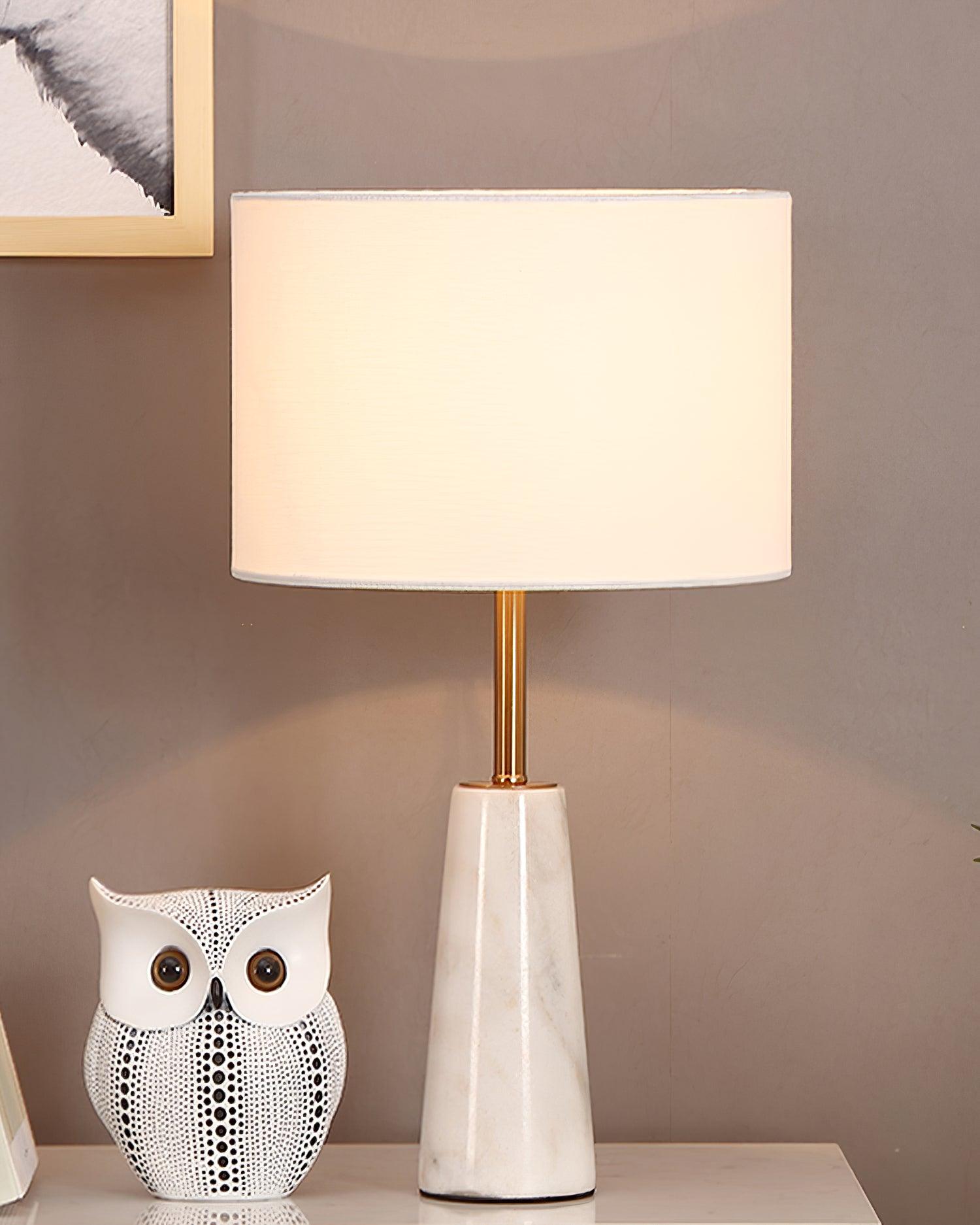 Elegant White Marble and Gold Metal Table Lamp with Fabric Drum Shade