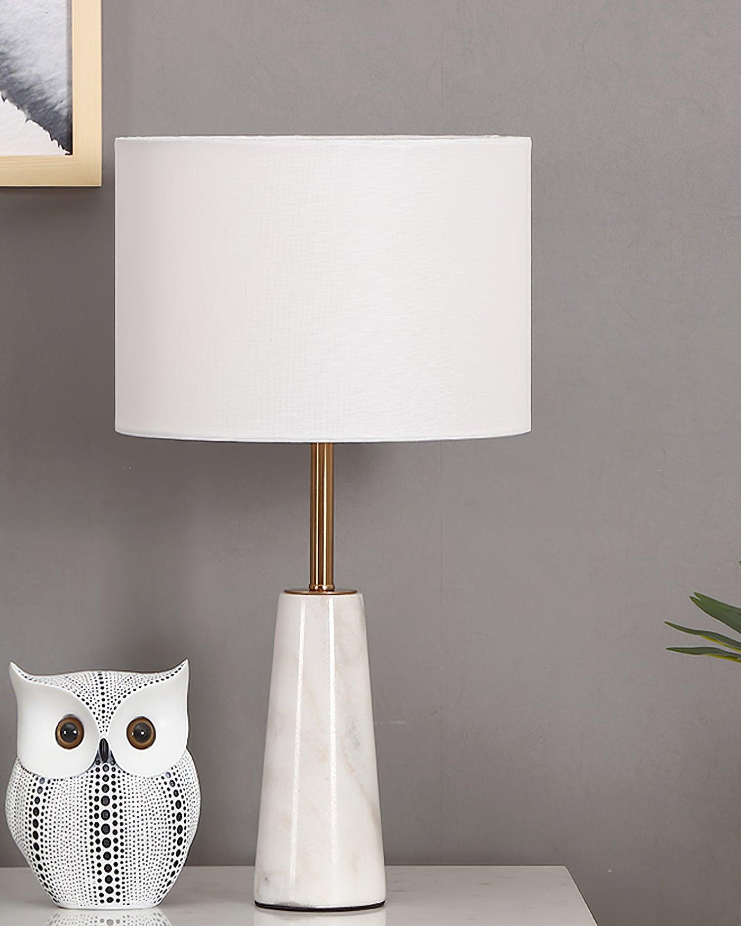 Elegant White Marble and Gold Metal Table Lamp with Fabric Drum Shade