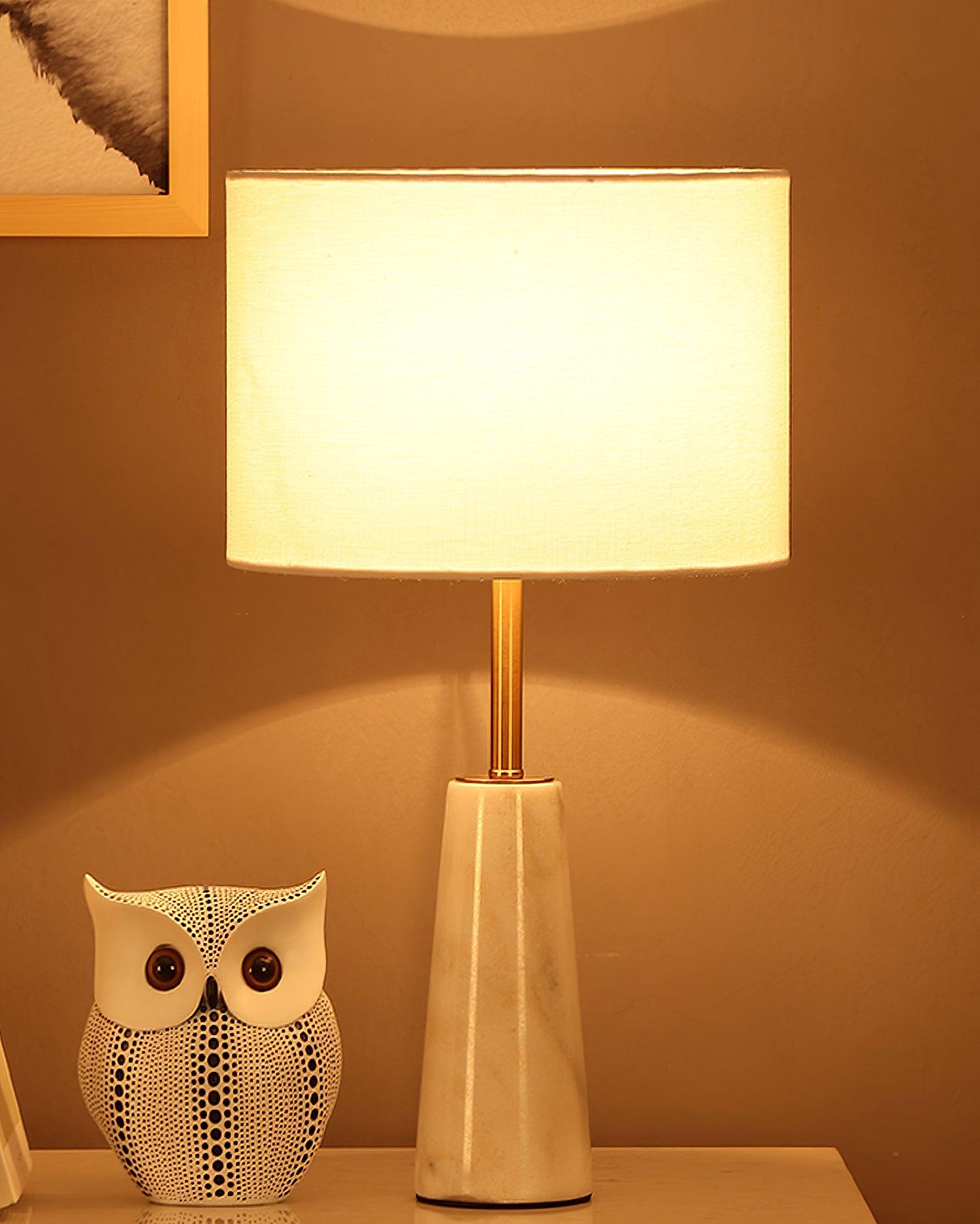 Elegant White Marble and Gold Metal Table Lamp with Fabric Drum Shade