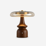 Nova Modern Mushroom Glass Table Lamp Walnut Wood Base Integrated LED Lighting for Bedside Desk