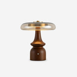 Nova Modern Mushroom Glass Table Lamp Walnut Wood Base Integrated LED Lighting for Bedside Desk