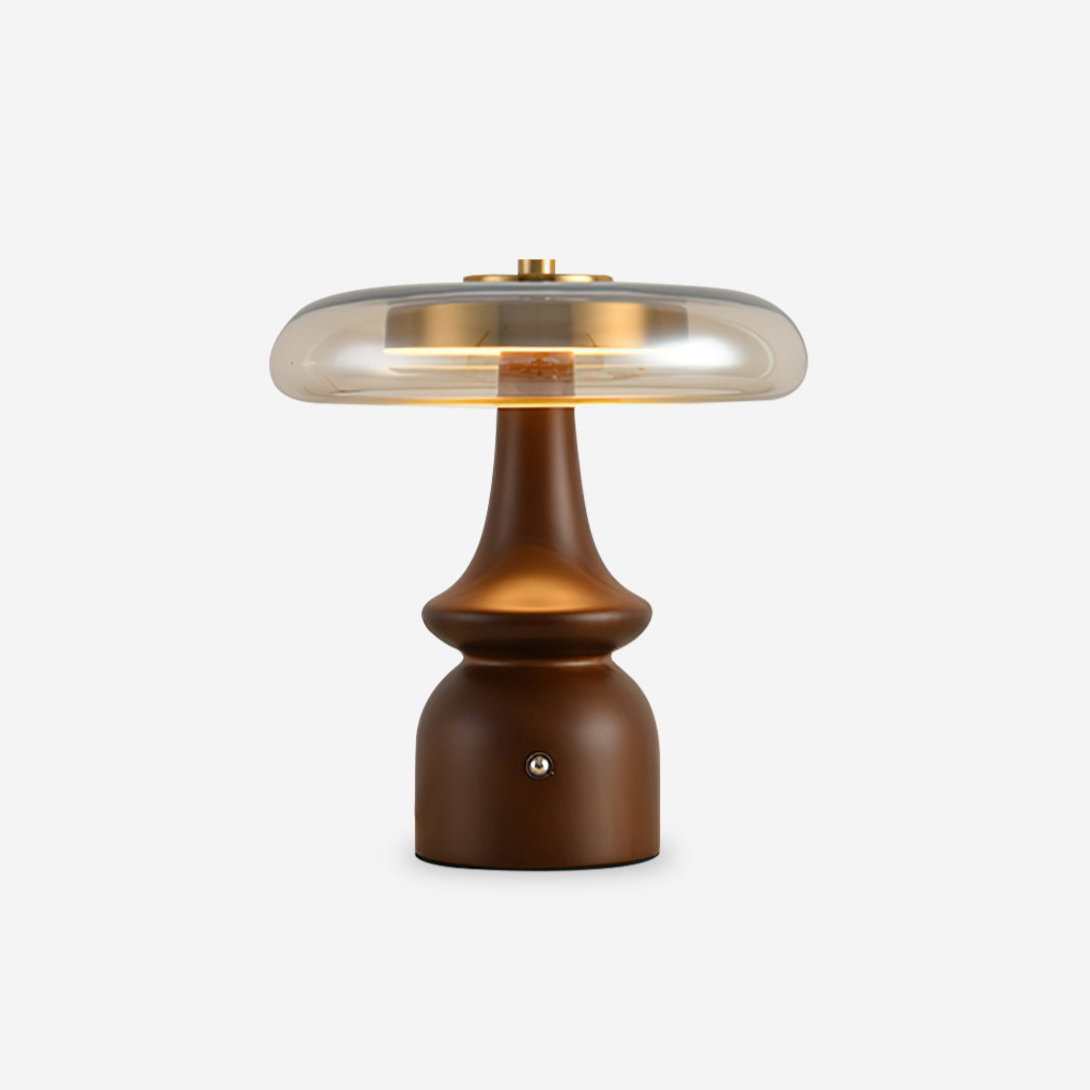 Nova Modern Mushroom Glass Table Lamp Walnut Wood Base Integrated LED Lighting for Bedside Desk