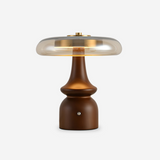 Nova Modern Mushroom Glass Table Lamp Walnut Wood Base Integrated LED Lighting for Bedside Desk