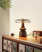 Nova Modern Mushroom Glass Table Lamp Walnut Wood Base Integrated LED Lighting for Bedside Desk