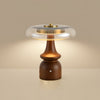 Nova Modern Mushroom Glass Table Lamp Walnut Wood Base Integrated LED Lighting for Bedside Desk