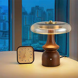 Nova Modern Mushroom Glass Table Lamp Walnut Wood Base Integrated LED Lighting for Bedside Desk