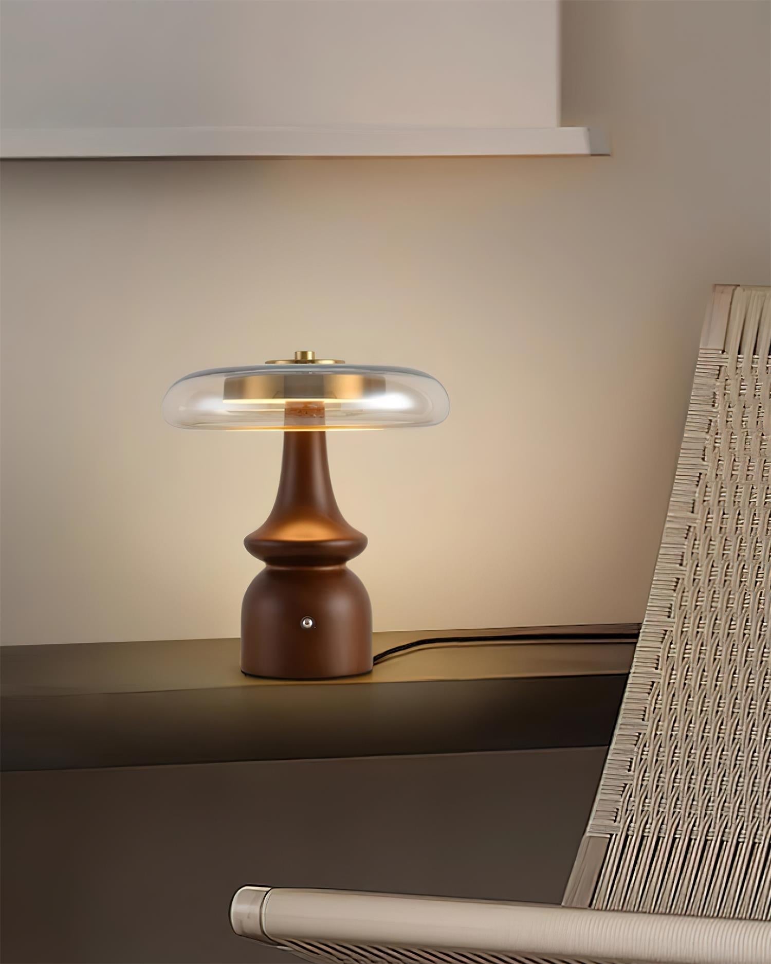 Nova Modern Mushroom Glass Table Lamp Walnut Wood Base Integrated LED Lighting for Bedside Desk