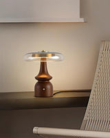 Nova Modern Mushroom Glass Table Lamp Walnut Wood Base Integrated LED Lighting for Bedside Desk