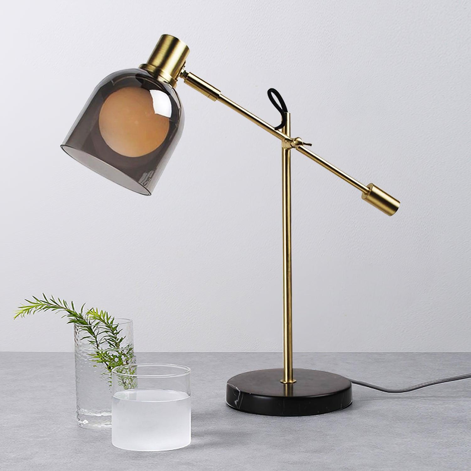 Modern Adjustable Table Lamp with Black Marble Base and Dual Smoked Glass Shade for Interior Lighting
