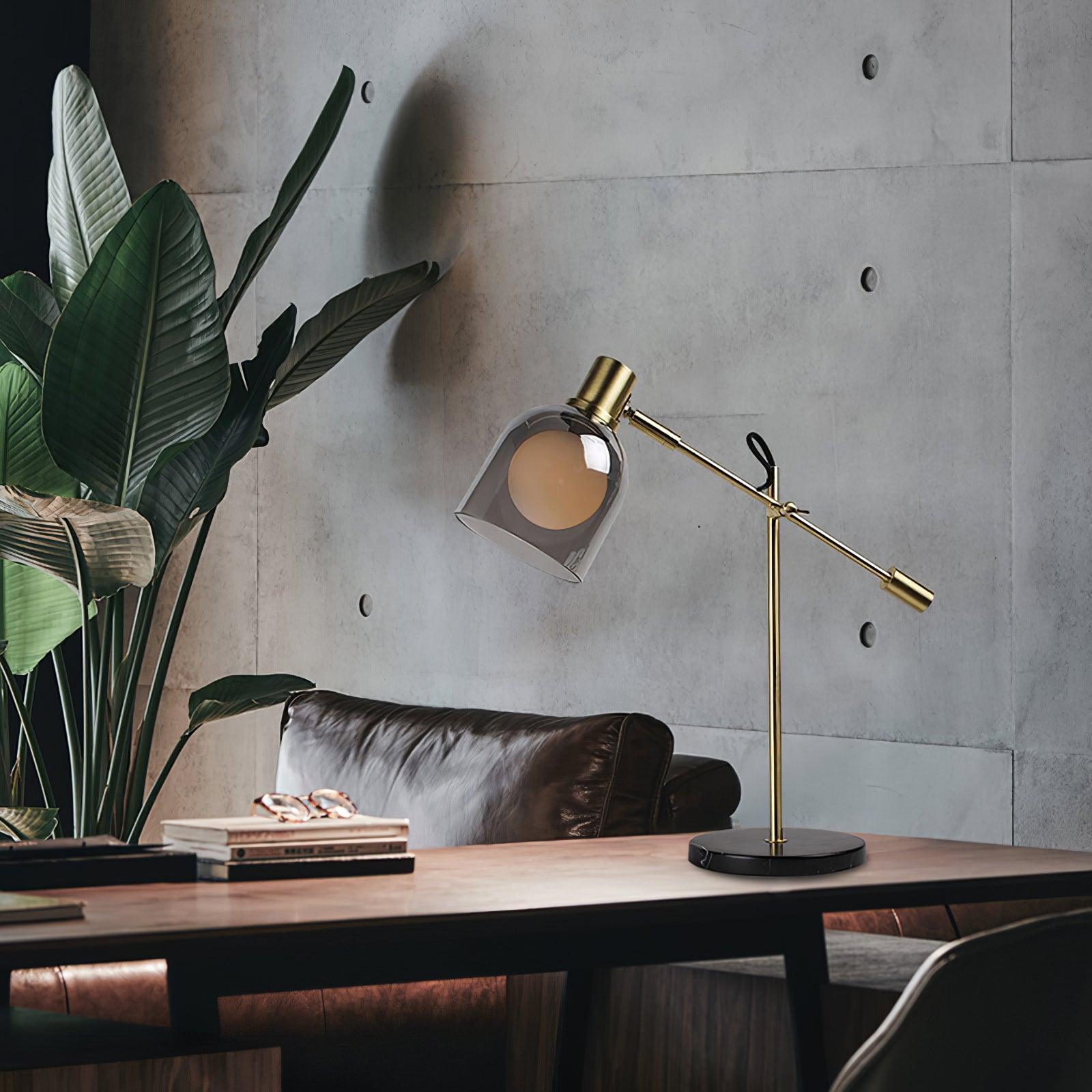 Modern Adjustable Table Lamp with Black Marble Base and Dual Smoked Glass Shade for Interior Lighting
