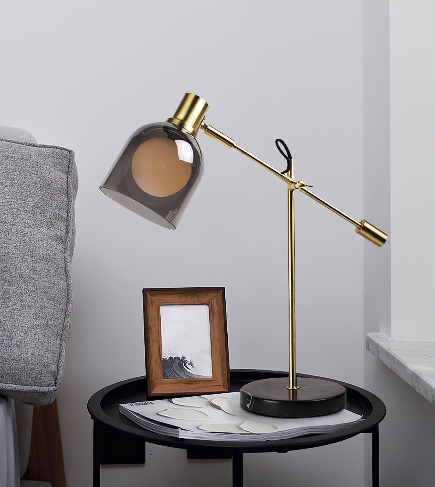 Modern Adjustable Table Lamp with Black Marble Base and Dual Smoked Glass Shade for Interior Lighting
