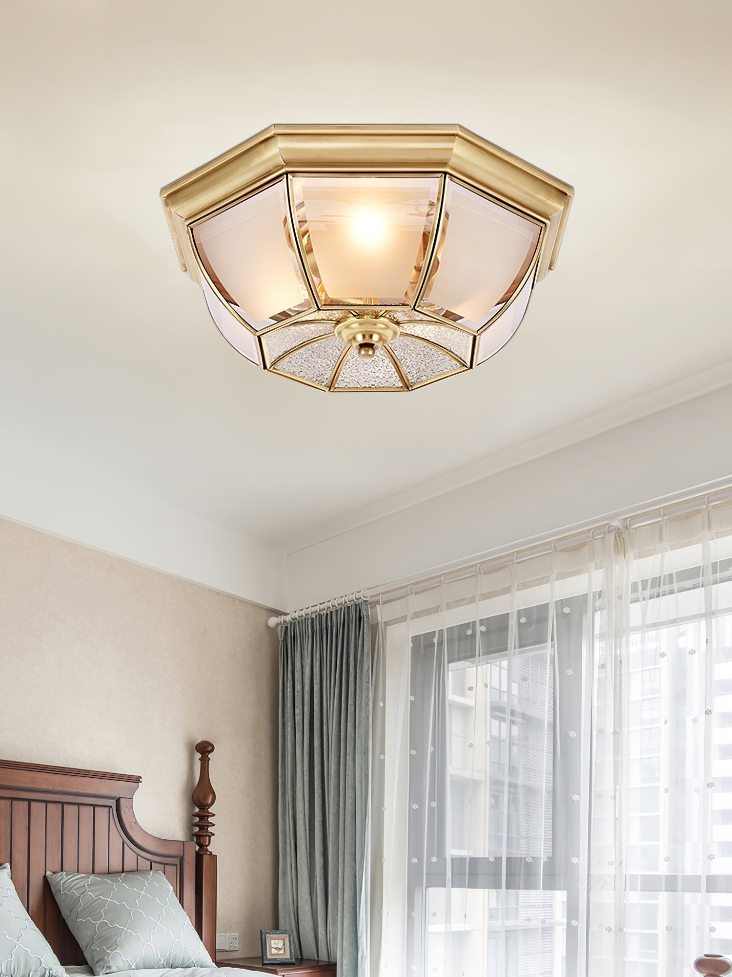 Vintage Style Brass Bowl Flush Mount Ceiling Lamp with Frosted Glass for Indoor Lighting