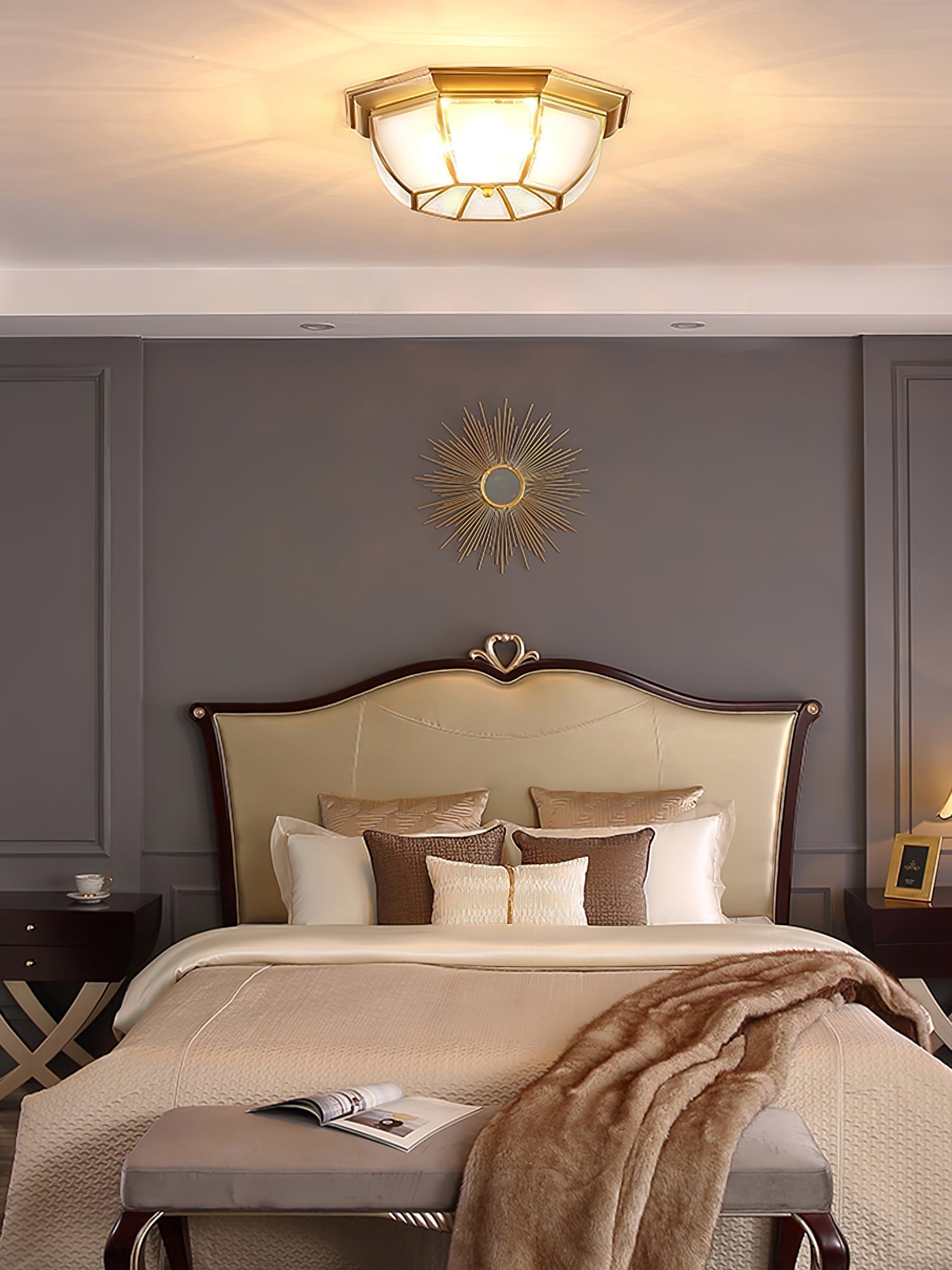 Vintage Style Brass Bowl Flush Mount Ceiling Lamp with Frosted Glass for Indoor Lighting