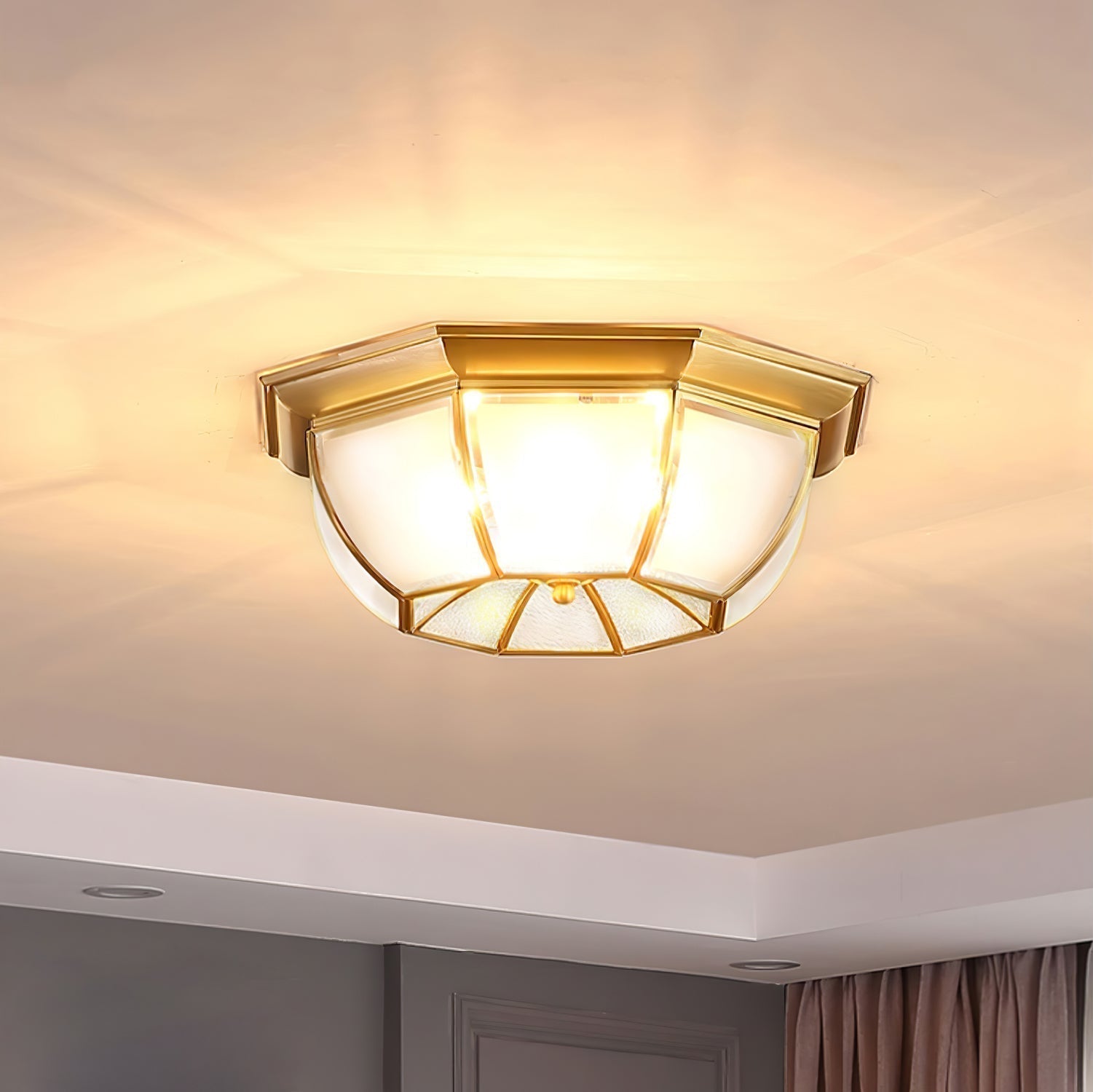 Vintage Style Brass Bowl Flush Mount Ceiling Lamp with Frosted Glass for Indoor Lighting