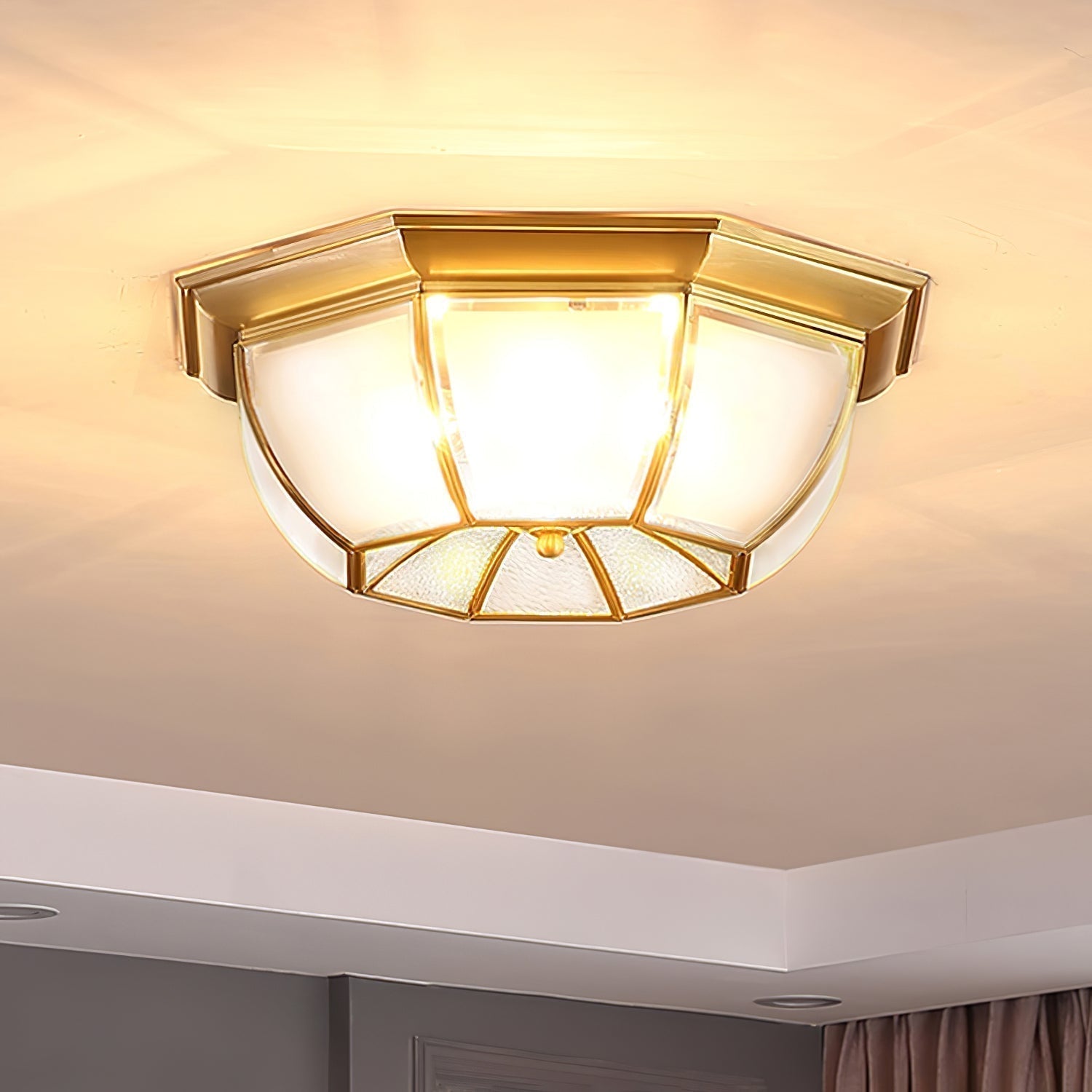 Vintage Style Brass Bowl Flush Mount Ceiling Lamp with Frosted Glass for Indoor Lighting