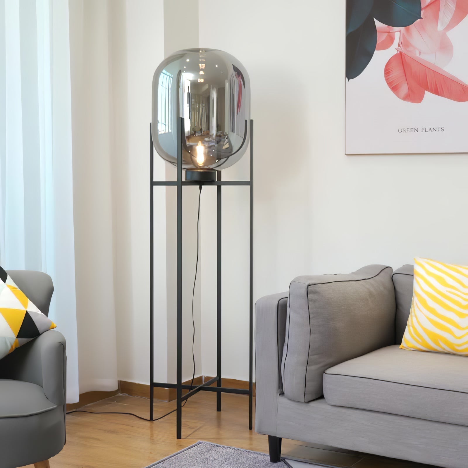 Modern Oda Hand Blown Glass Floor Lamp with Metal Base for Contemporary Home Decor