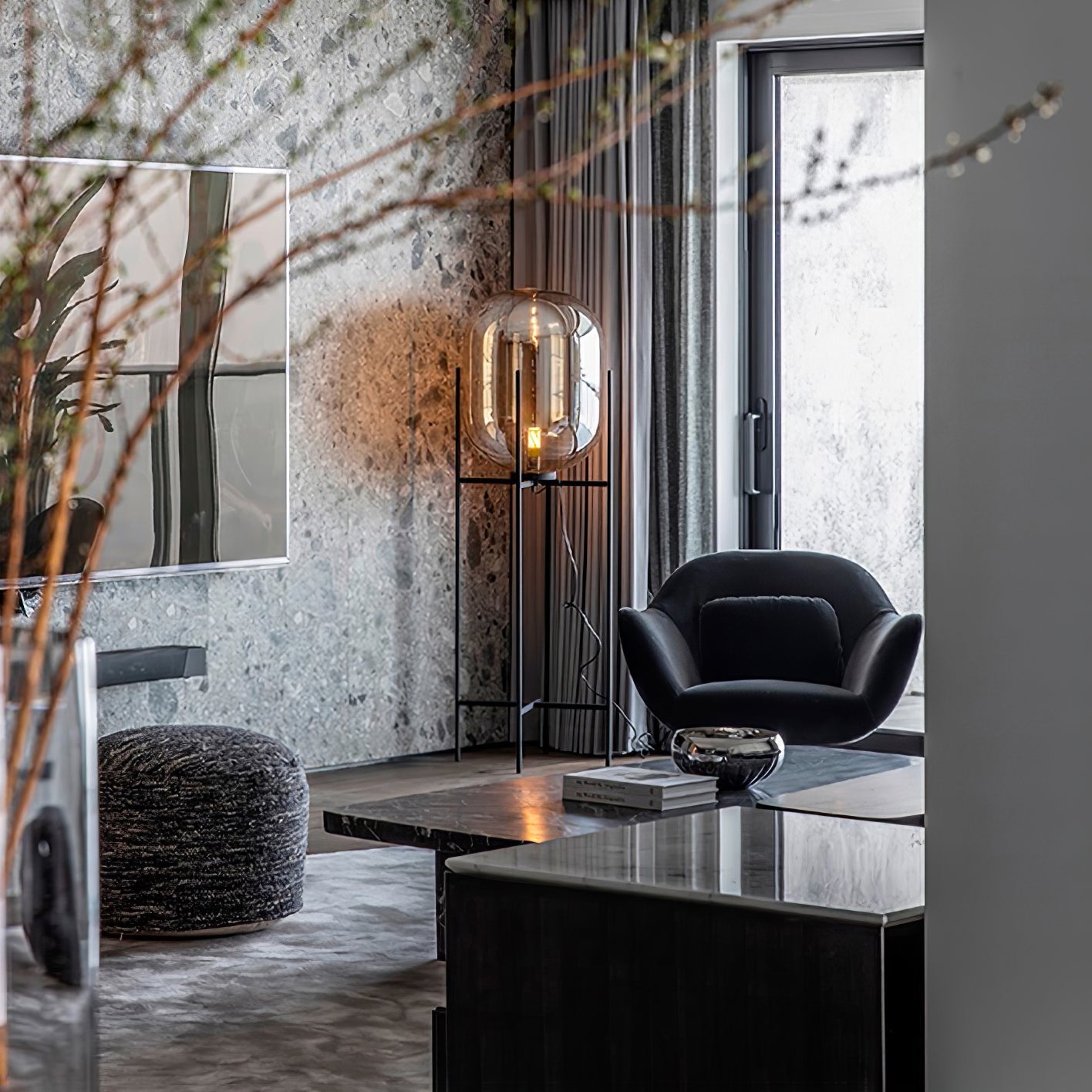 Modern Oda Hand Blown Glass Floor Lamp with Metal Base for Contemporary Home Decor