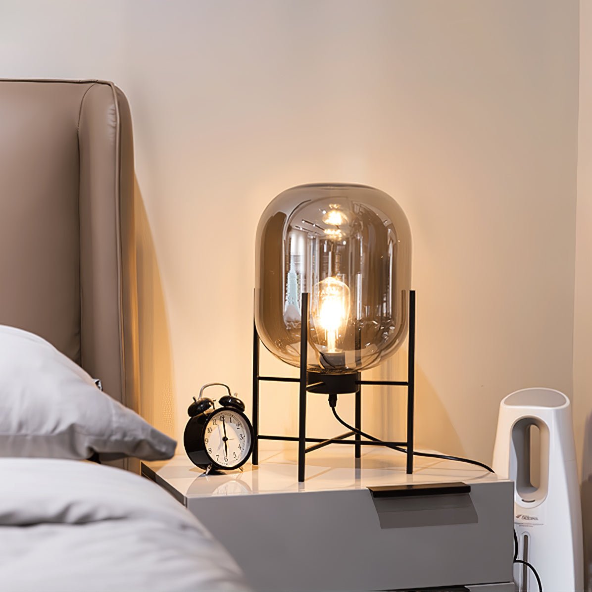 Hand Blown Glass Oda Table Lamp with Metal Base Industrial Accent Light for Living Room