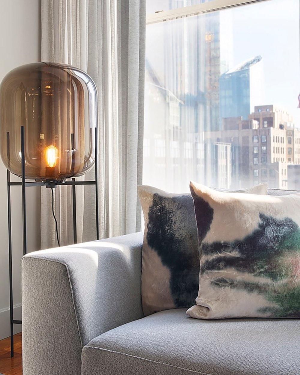 Modern Oda Hand Blown Glass Floor Lamp with Metal Base for Contemporary Home Decor