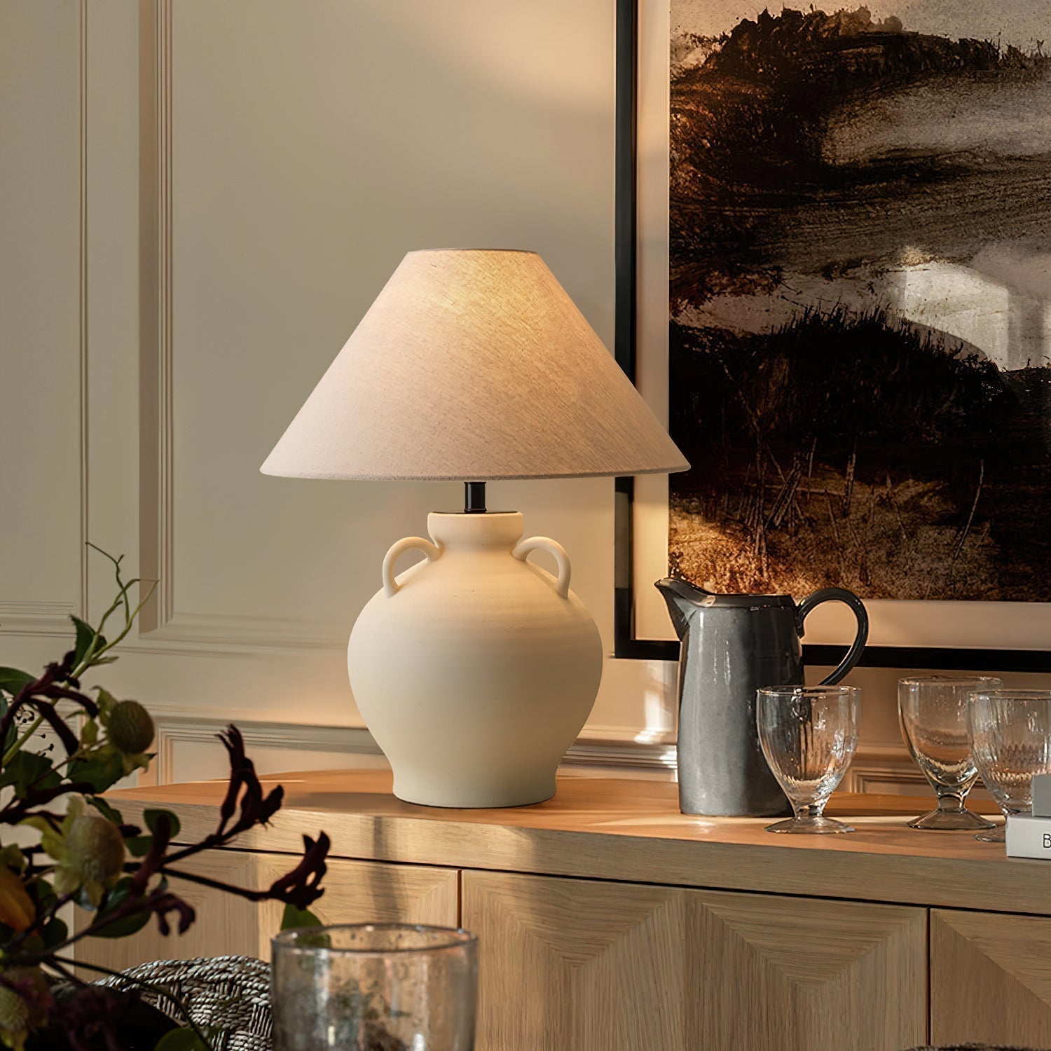 Rustic Wine Pot Ceramic Table Lamp with Fabric Shade for Living Room and Bedroom
