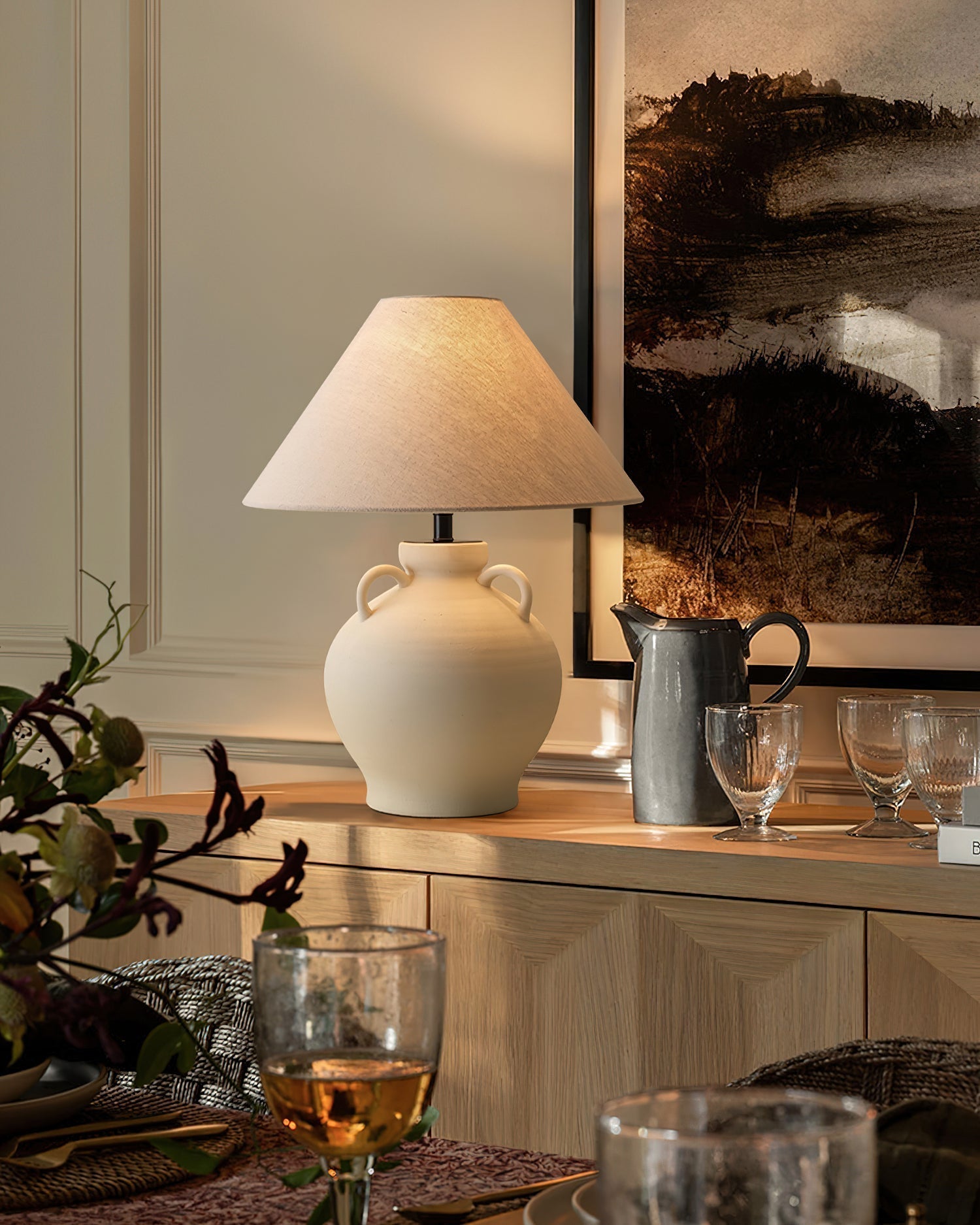 Rustic Wine Pot Ceramic Table Lamp with Fabric Shade for Living Room and Bedroom