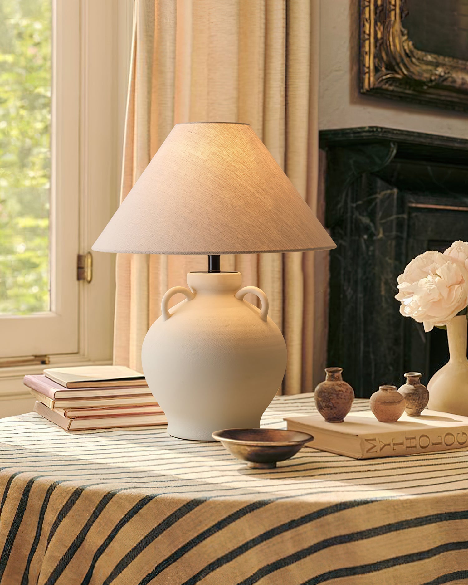 Rustic Wine Pot Ceramic Table Lamp with Fabric Shade for Living Room and Bedroom