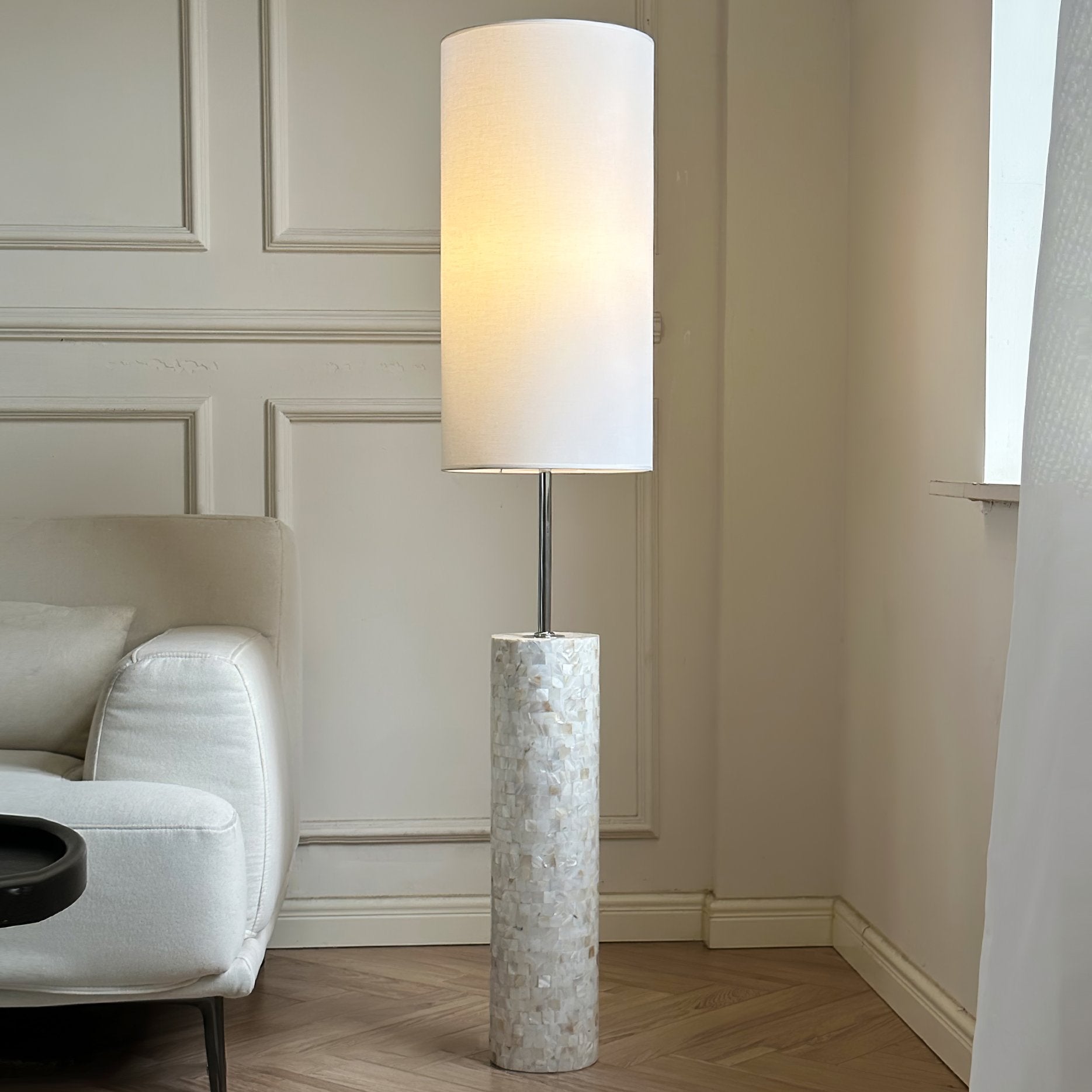 ollie-modern-textured-glass-floor-lamp-with-tall-white-fabric-shade-and-foot-switch-in-chrome-finish