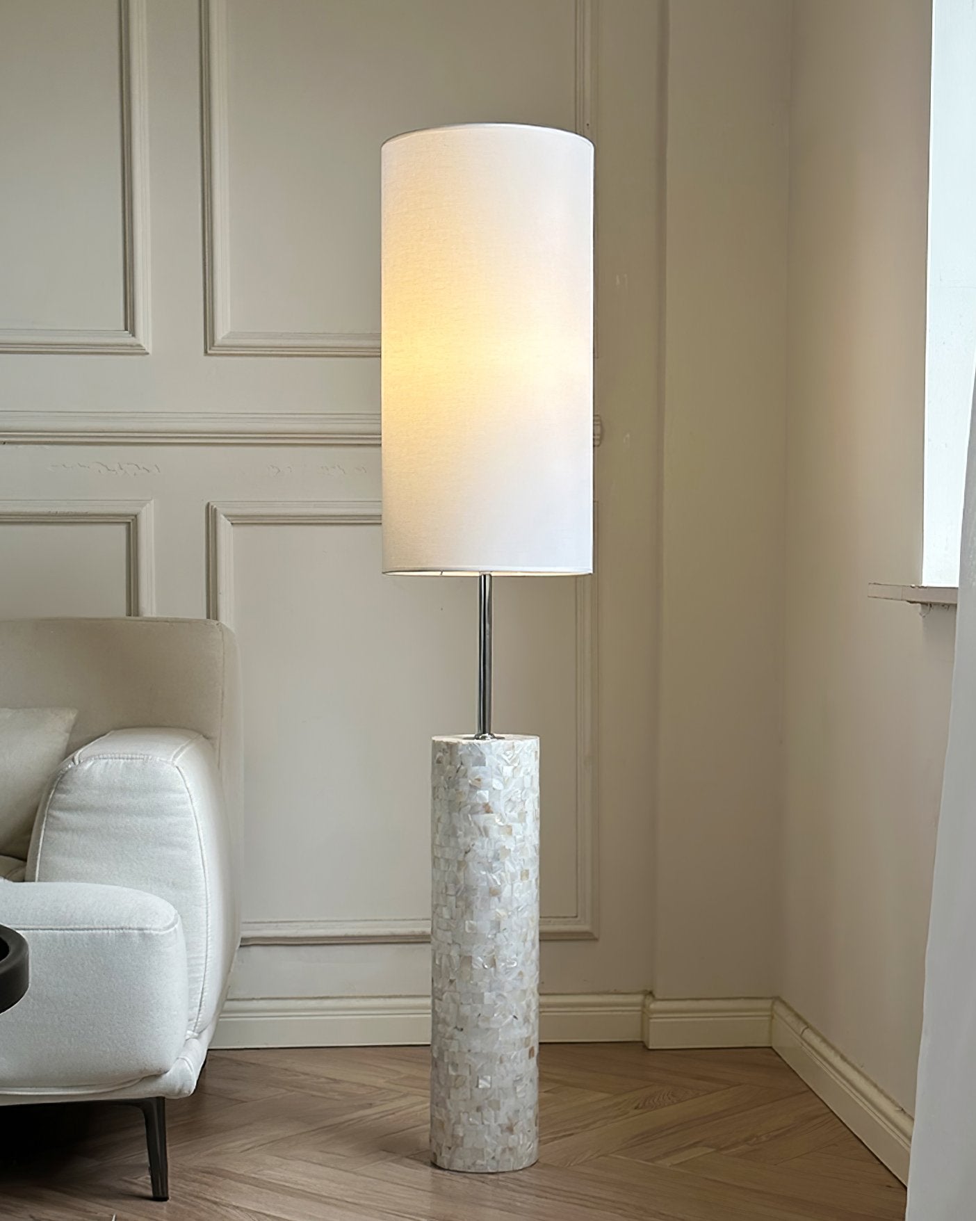 ollie-modern-textured-glass-floor-lamp-with-tall-white-fabric-shade-and-foot-switch-in-chrome-finish