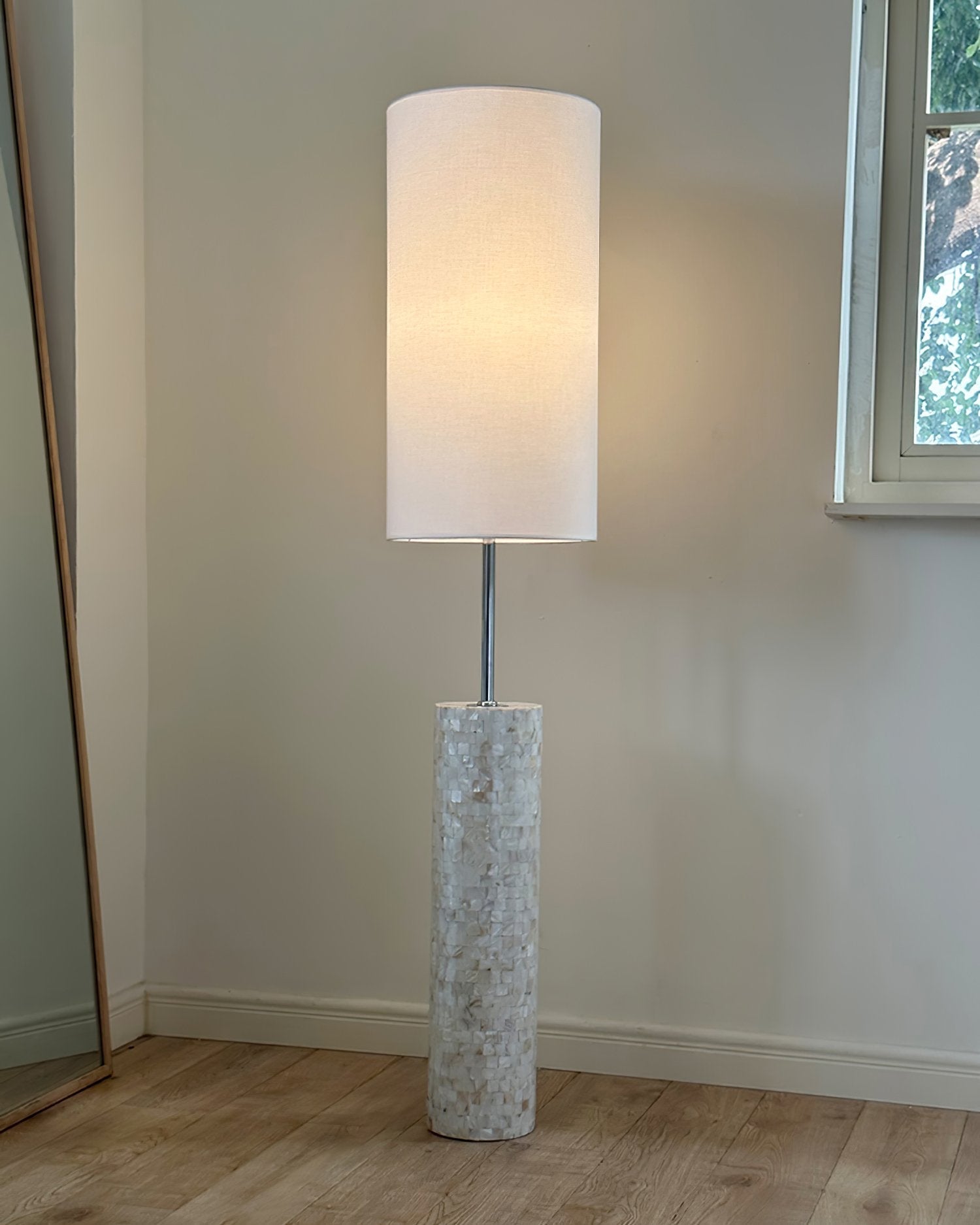 ollie-modern-textured-glass-floor-lamp-with-tall-white-fabric-shade-and-foot-switch-in-chrome-finish