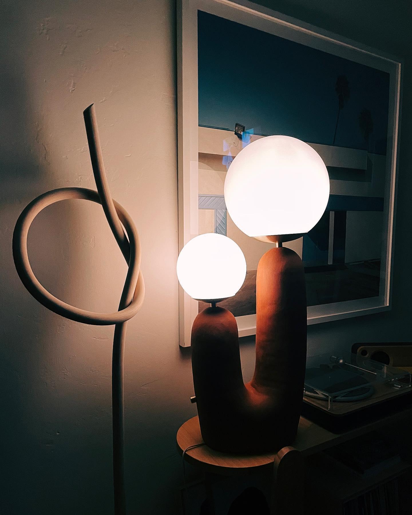 Modern Handmade Ceramic Task Lamp with Glass Shade and Copper Dimmer Dial