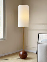 Orbis Geometric Wooden Sphere Standing Floor Lamp with White Fabric Drum Shade