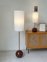 Orbis Geometric Wooden Sphere Standing Floor Lamp with White Fabric Drum Shade