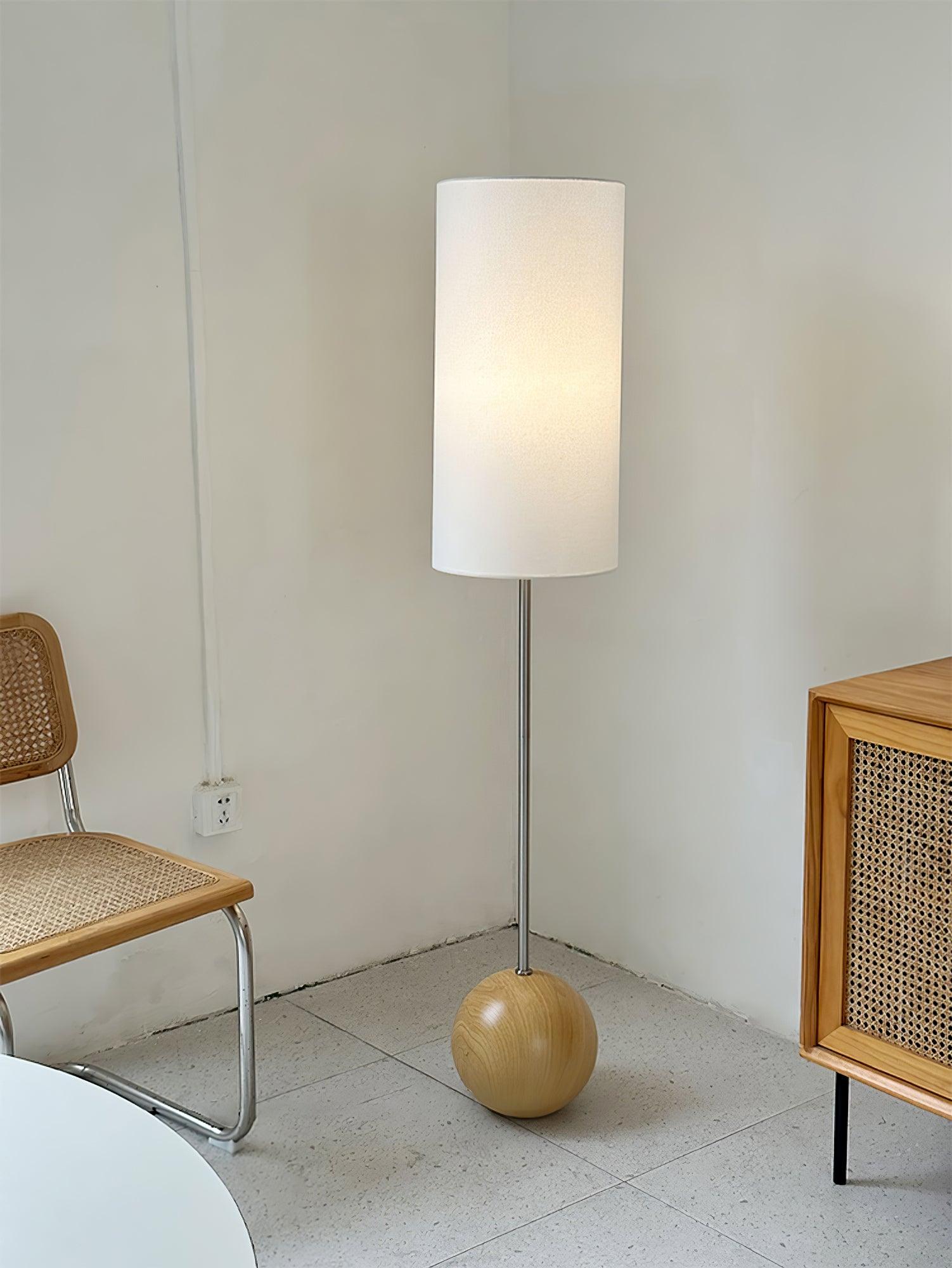 Orbis Geometric Wooden Sphere Standing Floor Lamp with White Fabric Drum Shade