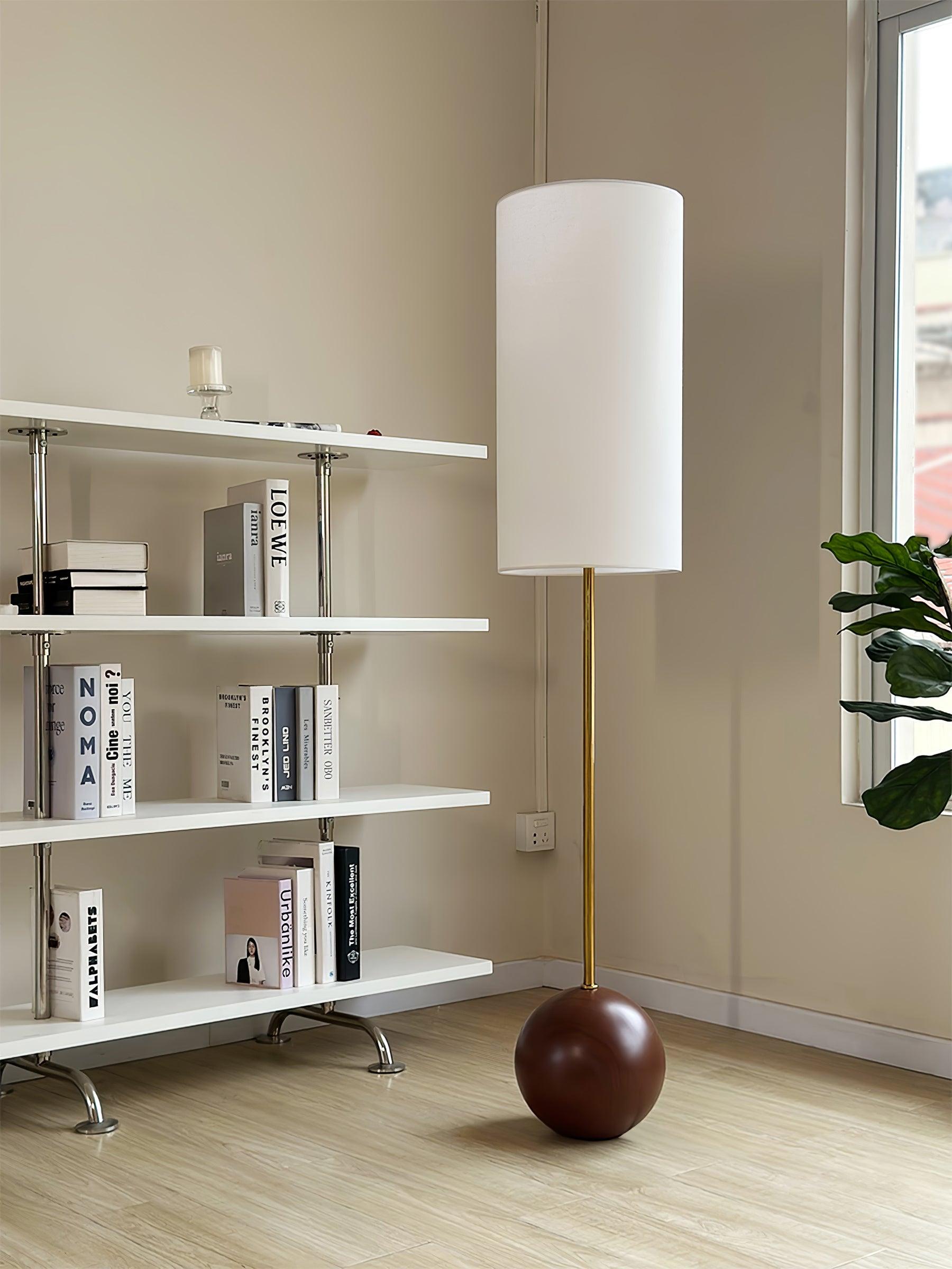 Orbis Geometric Wooden Sphere Standing Floor Lamp with White Fabric Drum Shade
