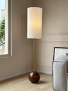 Orbis Geometric Wooden Sphere Standing Floor Lamp with White Fabric Drum Shade