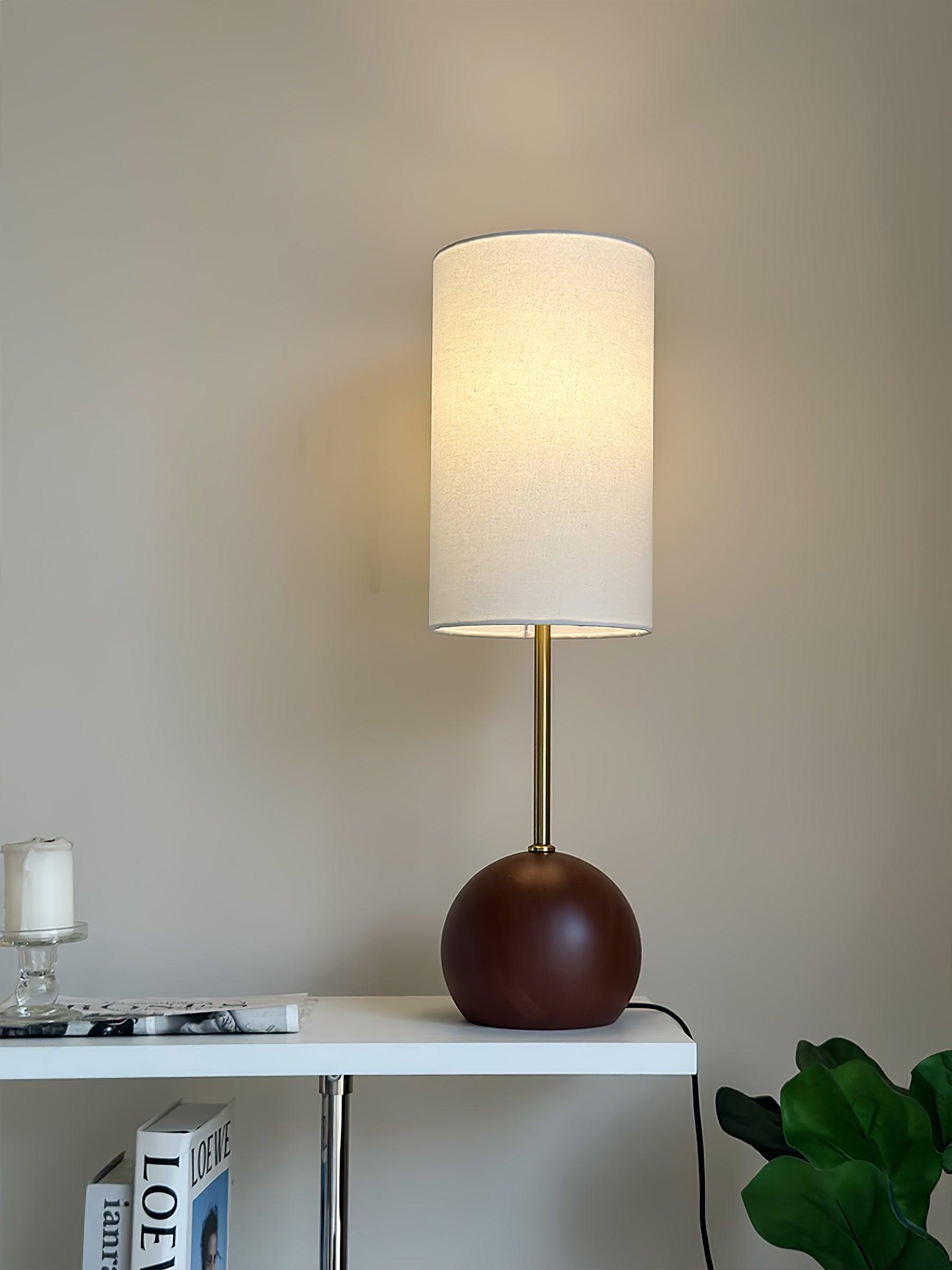 Mid Century Modern Wooden Sphere Table Lamp with Fabric Shade for Bedside and Living Room