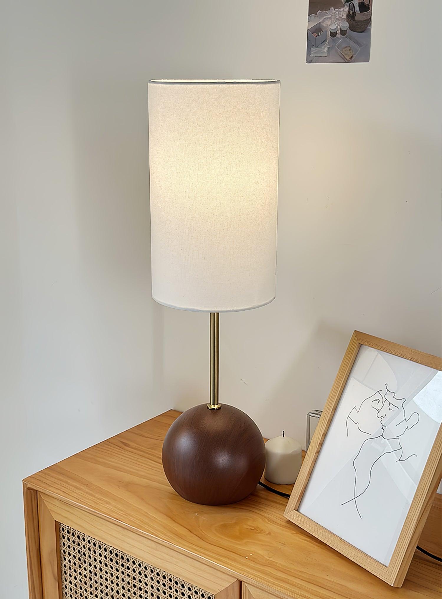 Mid Century Modern Wooden Sphere Table Lamp with Fabric Shade for Bedside and Living Room