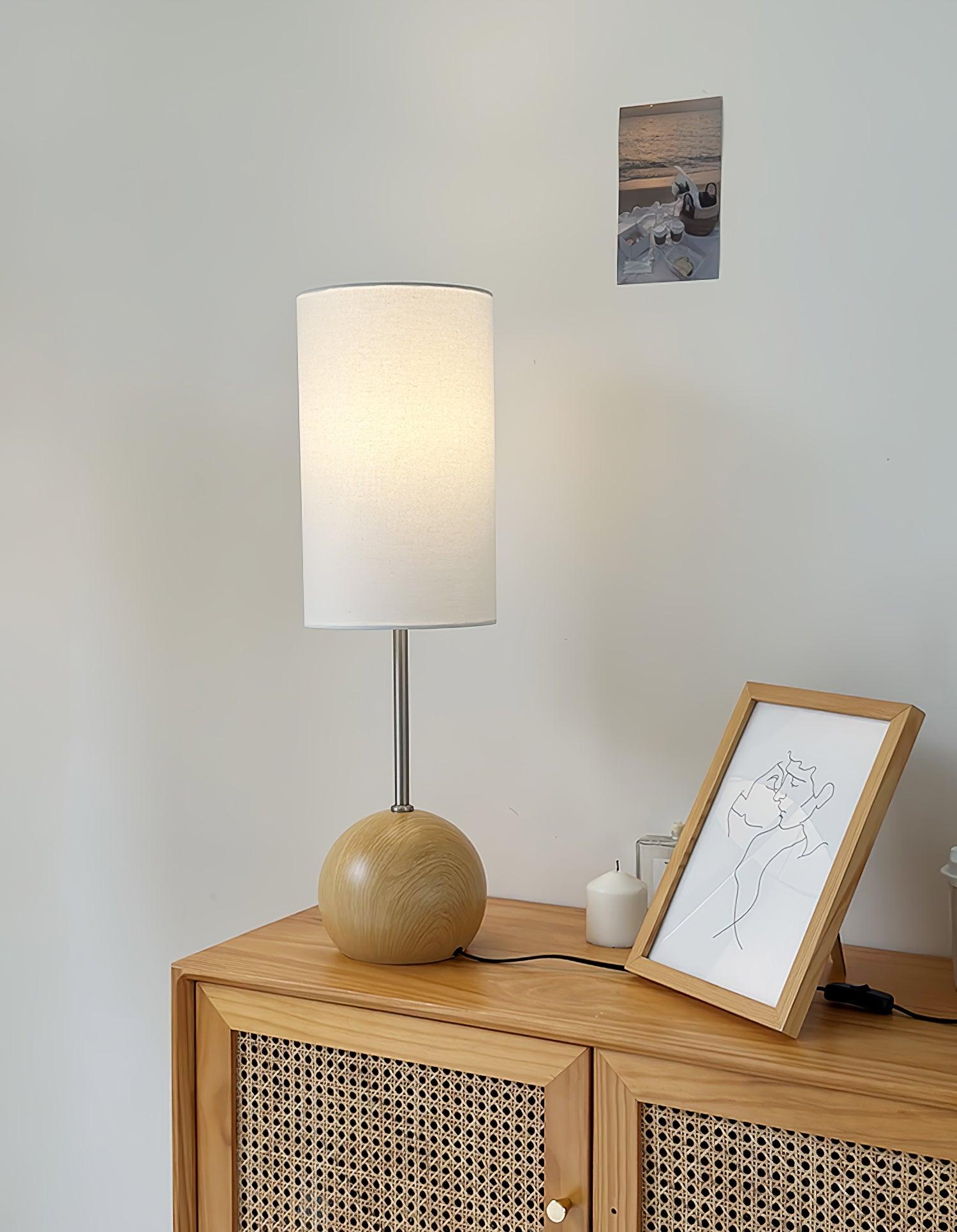 Mid Century Modern Wooden Sphere Table Lamp with Fabric Shade for Bedside and Living Room